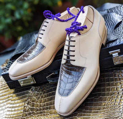 Handmade Men's Off white Black Alligator Shoes,Men's Lace Up Leather Shoes