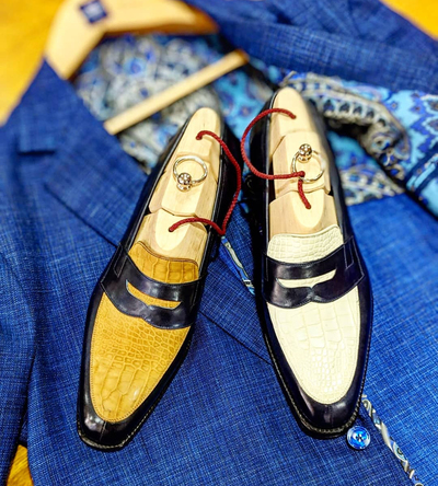 Men Handmade Alligator Leather Shoes, Dress Formal Shoes, Black Yellow Two Tone Boots