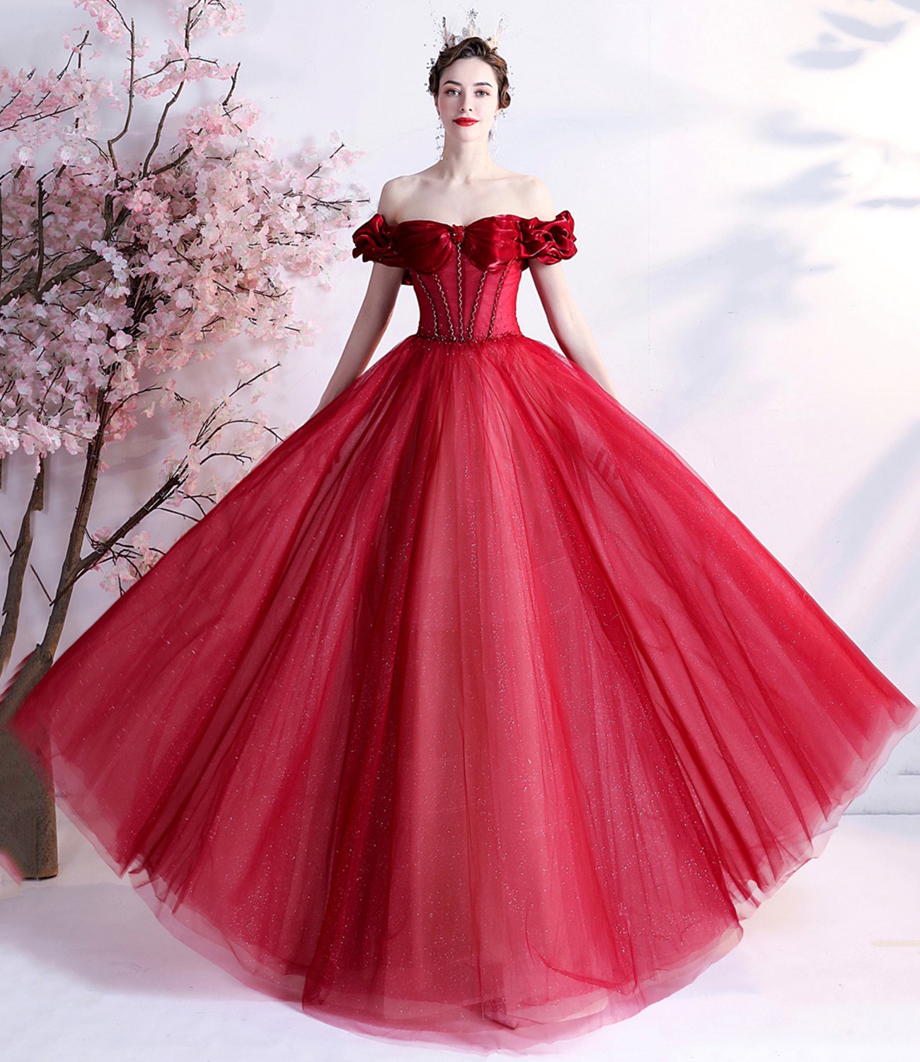 Red tulle beads long prom dress red evening dress