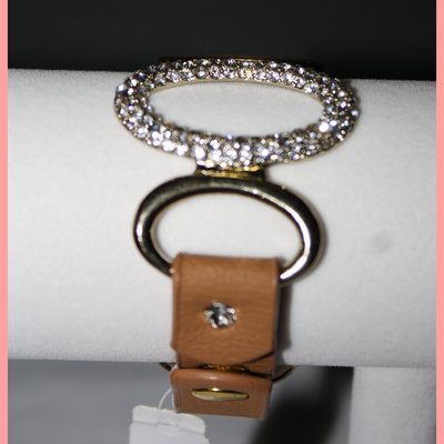Silver oval bling brown leather bracelet