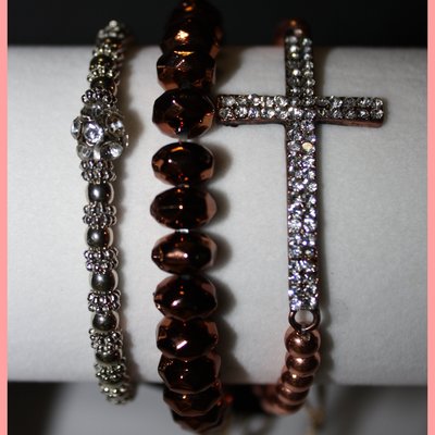 Stackable bracelets (copper cross,silver ball bling,beads)