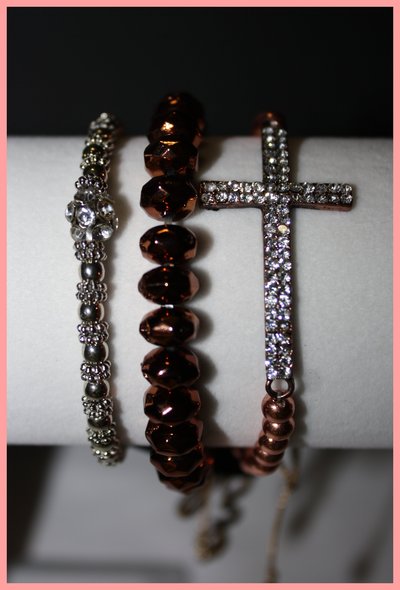 Stackable bracelets (copper cross,silver ball bling,beads)