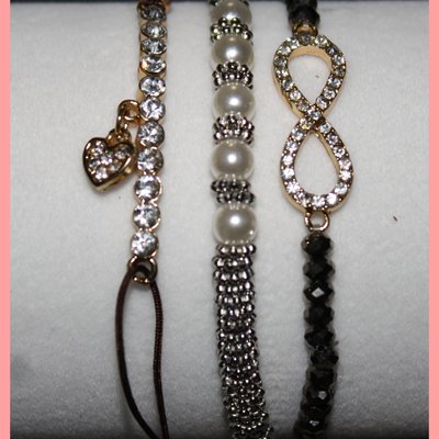 Stackable bracelets (silver infinite,silver & pearl ball bling,gold heart)
