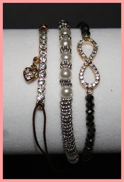 Stackable bracelets (silver infinite,silver & pearl ball bling,gold heart)