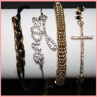 Stackable bracelets (gold cross,silver love,gold beads, blk. & gold chain detail)