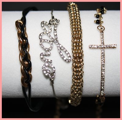 Stackable bracelets (gold cross,silver love,gold beads, blk. & gold chain detail)
