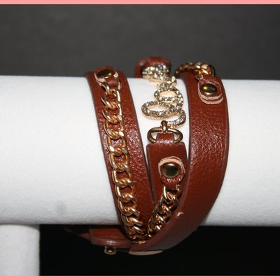 Brown leather & gold love statement bracelet