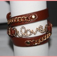 Brown Leather & Gold Love Statement Bracelet - Thumbnail 1