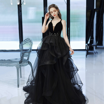 Black tulle lace long prom dress a line evening dress - Thumbnail 4