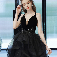 Black tulle lace long prom dress A line evening dress - Thumbnail 1
