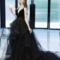 Black tulle lace long prom dress A line evening dress - Thumbnail 2
