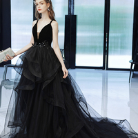 Black tulle lace long prom dress A line evening dress - Thumbnail 3