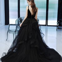 Black tulle lace long prom dress A line evening dress - Thumbnail 4