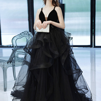 Black tulle lace long prom dress A line evening dress - Thumbnail 5