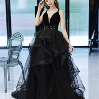Black tulle lace long prom dress A line evening dress - Thumbnail 6