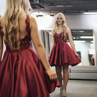 Dark red homecoming dresses v neck