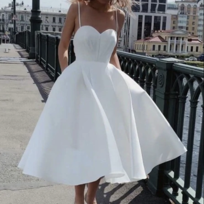 Spaghetti straps prom dresses tea length white