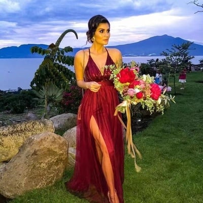 Burgundy prom dresses with slit