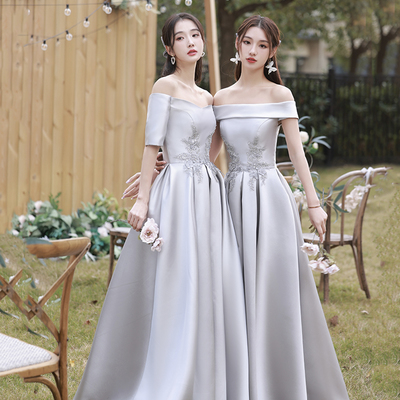 Gray satin lace long prom dress a line evening dress - Thumbnail 2