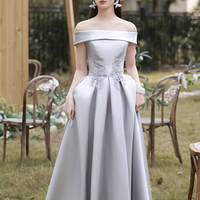 Gray satin lace long prom dress A line evening dress - Thumbnail 2