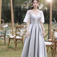 Gray satin lace long prom dress A line evening dress - Thumbnail 3