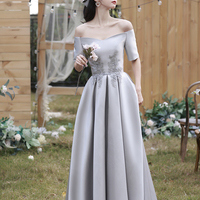 Gray satin lace long prom dress A line evening dress - Thumbnail 4