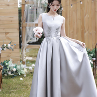 Gray satin lace long prom dress A line evening dress - Thumbnail 5