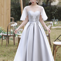 Gray satin lace long prom dress A line evening dress - Thumbnail 7