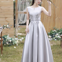 Gray satin lace long prom dress A line evening dress - Thumbnail 6