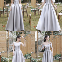 Gray satin lace long prom dress A line evening dress - Thumbnail 9