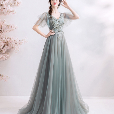 Gray tulle lace long prom dress a line evening dress - Thumbnail 2