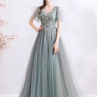 Gray tulle lace long prom dress A line evening dress - Thumbnail 1