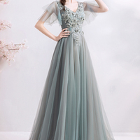 Gray tulle lace long prom dress A line evening dress - Thumbnail 3