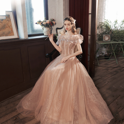 Pink tulle sequins long prom dress a line evening dress - Thumbnail 2