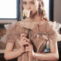 Pink tulle sequins long prom dress A line evening dress - Thumbnail 2