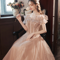 Pink tulle sequins long prom dress A line evening dress - Thumbnail 3