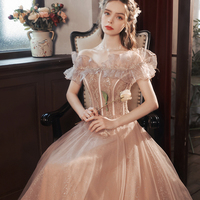 Pink tulle sequins long prom dress A line evening dress - Thumbnail 4