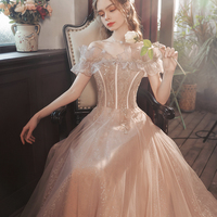 Pink tulle sequins long prom dress A line evening dress - Thumbnail 5