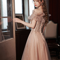 Pink tulle sequins long prom dress A line evening dress - Thumbnail 7