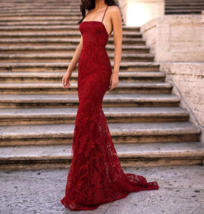 Stunning Mermaid Spaghetti Straps Dark Red Lace Long Prom Evening Dresses,1375