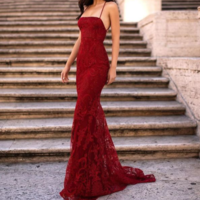 Stunning Mermaid Spaghetti Straps Dark Red Lace Long Prom Evening Dresses,1375 - Thumbnail 1