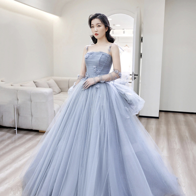 Blue tulle long ball gown dress formal dress - Thumbnail 1
