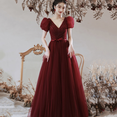Burgundy tulle beads long prom dress a line evening dress - Thumbnail 1
