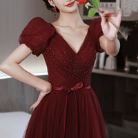Burgundy tulle beads long prom dress A line evening dress - Thumbnail 1