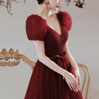 Burgundy tulle beads long prom dress A line evening dress - Thumbnail 2