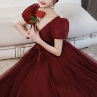 Burgundy tulle beads long prom dress A line evening dress - Thumbnail 3