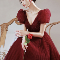 Burgundy tulle beads long prom dress A line evening dress - Thumbnail 4