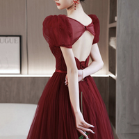 Burgundy tulle beads long prom dress A line evening dress - Thumbnail 5