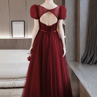 Burgundy tulle beads long prom dress A line evening dress - Thumbnail 6