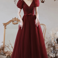 Burgundy tulle beads long prom dress A line evening dress - Thumbnail 7